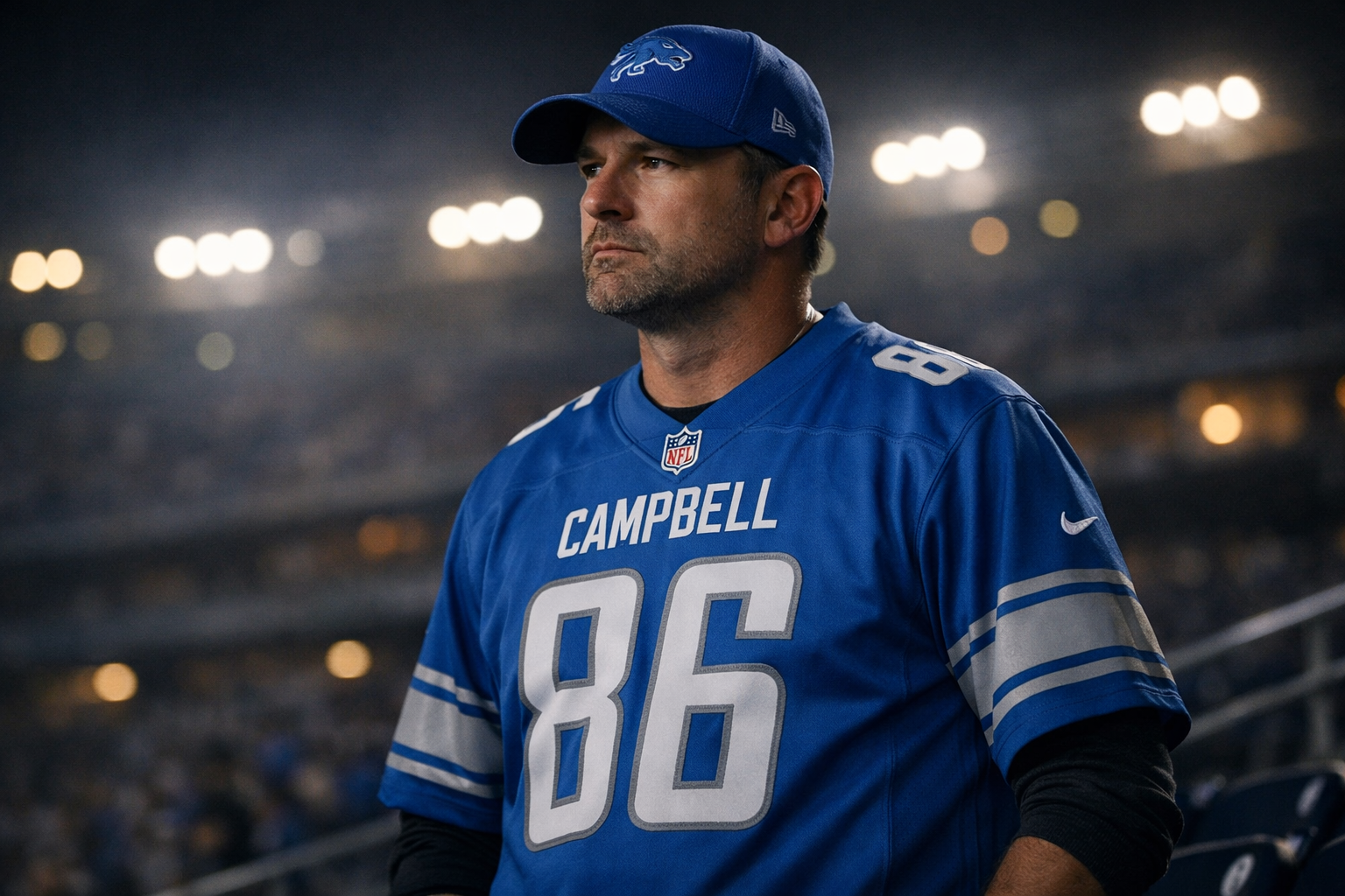 Detroit Lions fan in Dan Campbell jersey reflecting on draft philosophy at night game