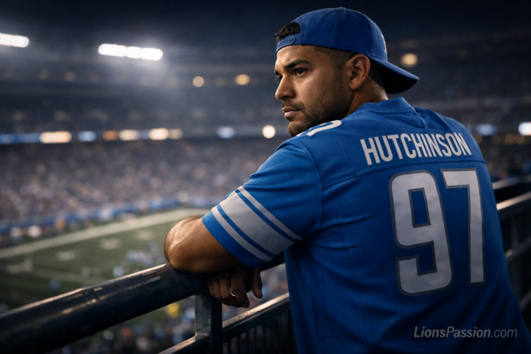 Detroit Lions fan wearing Aidan Hutchinson jersey standing in stadium at night with reflective expression symbolizing offseason defensive analysis