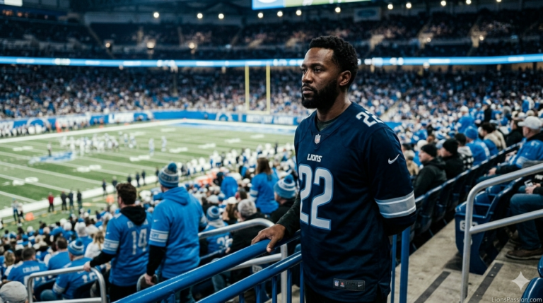 Detroit Lions fan in navy home jersey watching stadium field lights at night, contemplative expression, representing 2026 draft strategy and combine evaluation
