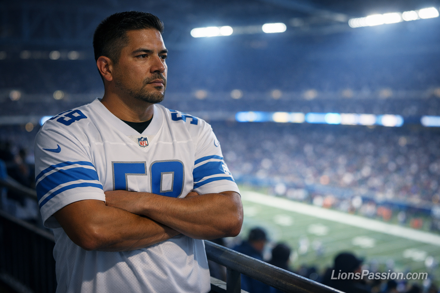 Title Detroit Lions Fan Reflecting on Sewell’s Impact in Upper Deck Alt Text Detroit Lions fan in upper deck wearing Penei Sewell white away jersey with arms folded at night stadium Caption Upper-deck perspective. Calm posture. The Lions build from the trenches outward. Description Photo-realistic Detroit Lions fan wearing Penei Sewell’s white away jersey, standing in upper-deck seating at night with arms folded and focused expression. Image reflects the analytical, disciplined identity of LionsPassion.com.