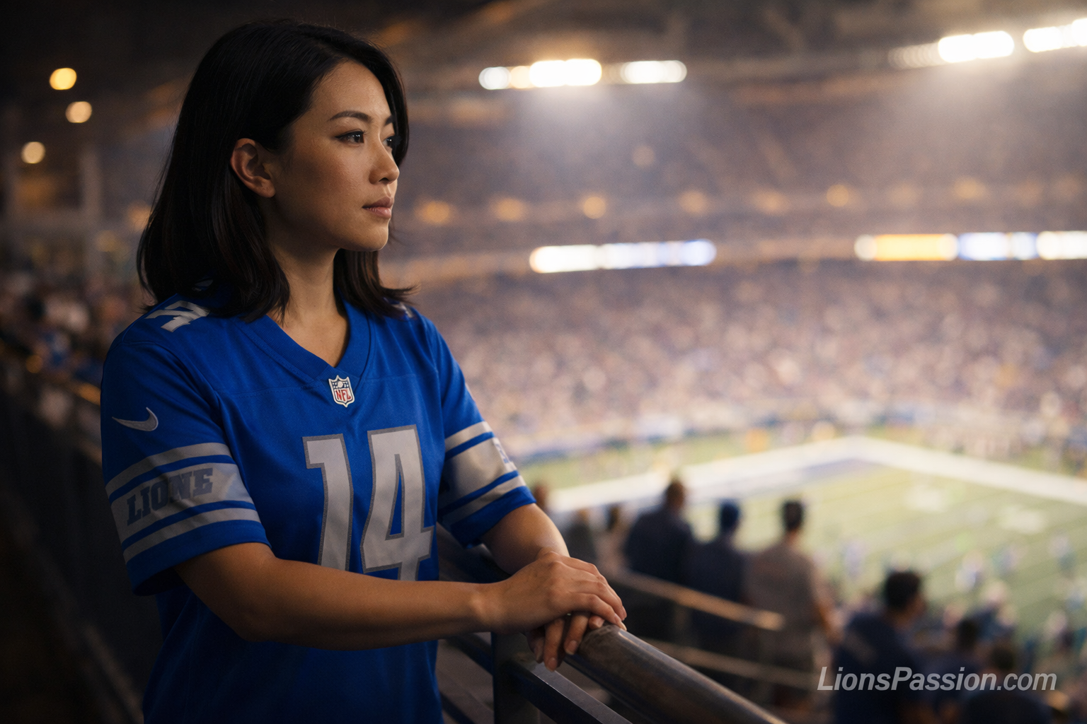 Detroit Lions female fan wearing Amon-Ra St. Brown color rush jersey standing in stadium concourse at night