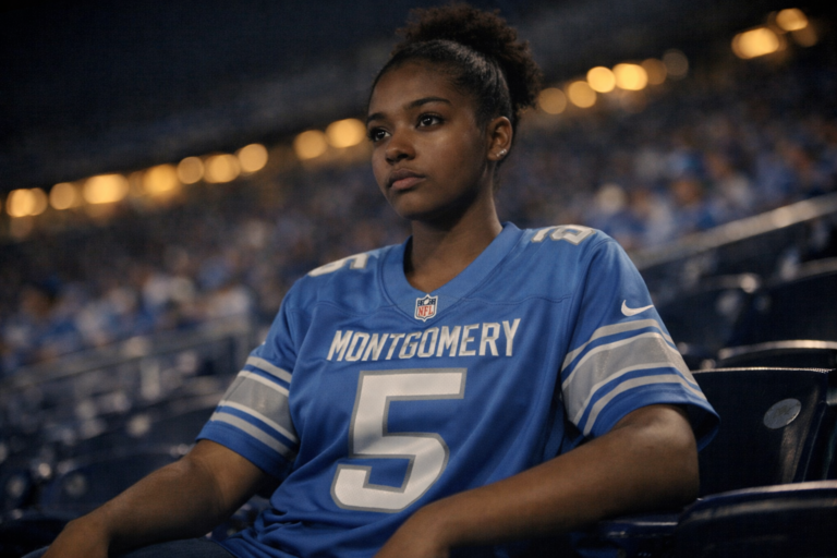 Detroit Lions fan in a David Montgomery jersey sitting quietly in stadium seating at night