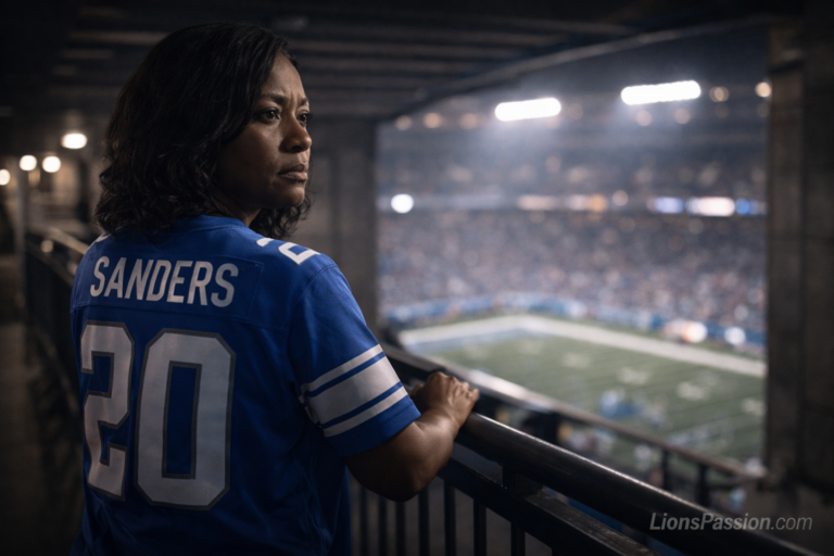 Black female Detroit Lions fan wearing a Barry Sanders blue throwback jersey standing in an indoor stadium concourse tunnel at night, overlooking the field lights with a serious reflective expression.