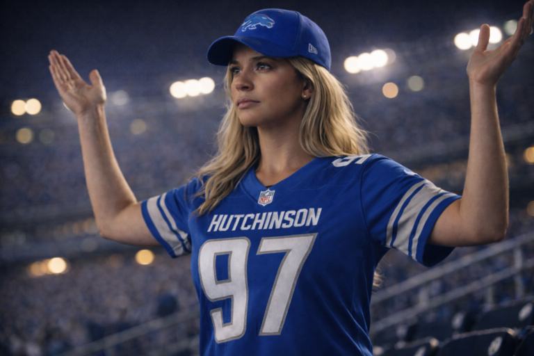 Detroit Lions fan in Aidan Hutchinson jersey contemplating draft board strategy