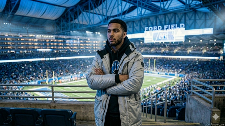 Detroit Lions fan reflecting on Brad Holmes roster construction strategy in upper deck stadium seating