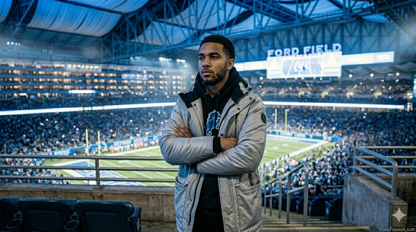 Detroit Lions fan reflecting on Brad Holmes roster construction strategy in upper deck stadium seating