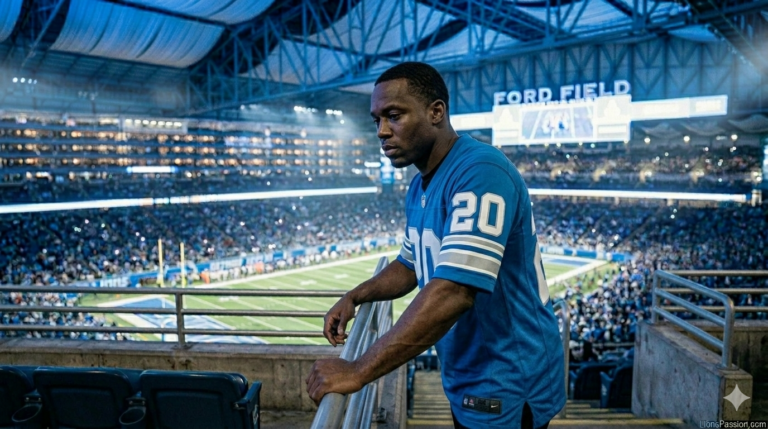 Detroit Lions fan reflecting on draft strategy under stadium lights