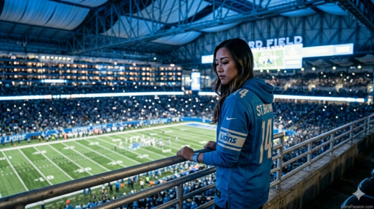 Detroit Lions fan standing on stadium concourse at night reflecting on Lions free agency strategy