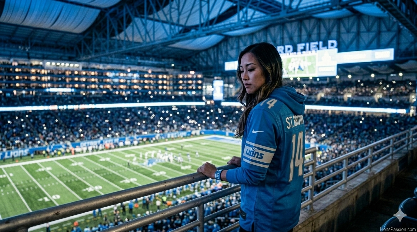 Detroit Lions fan standing on stadium concourse at night reflecting on Lions free agency strategy