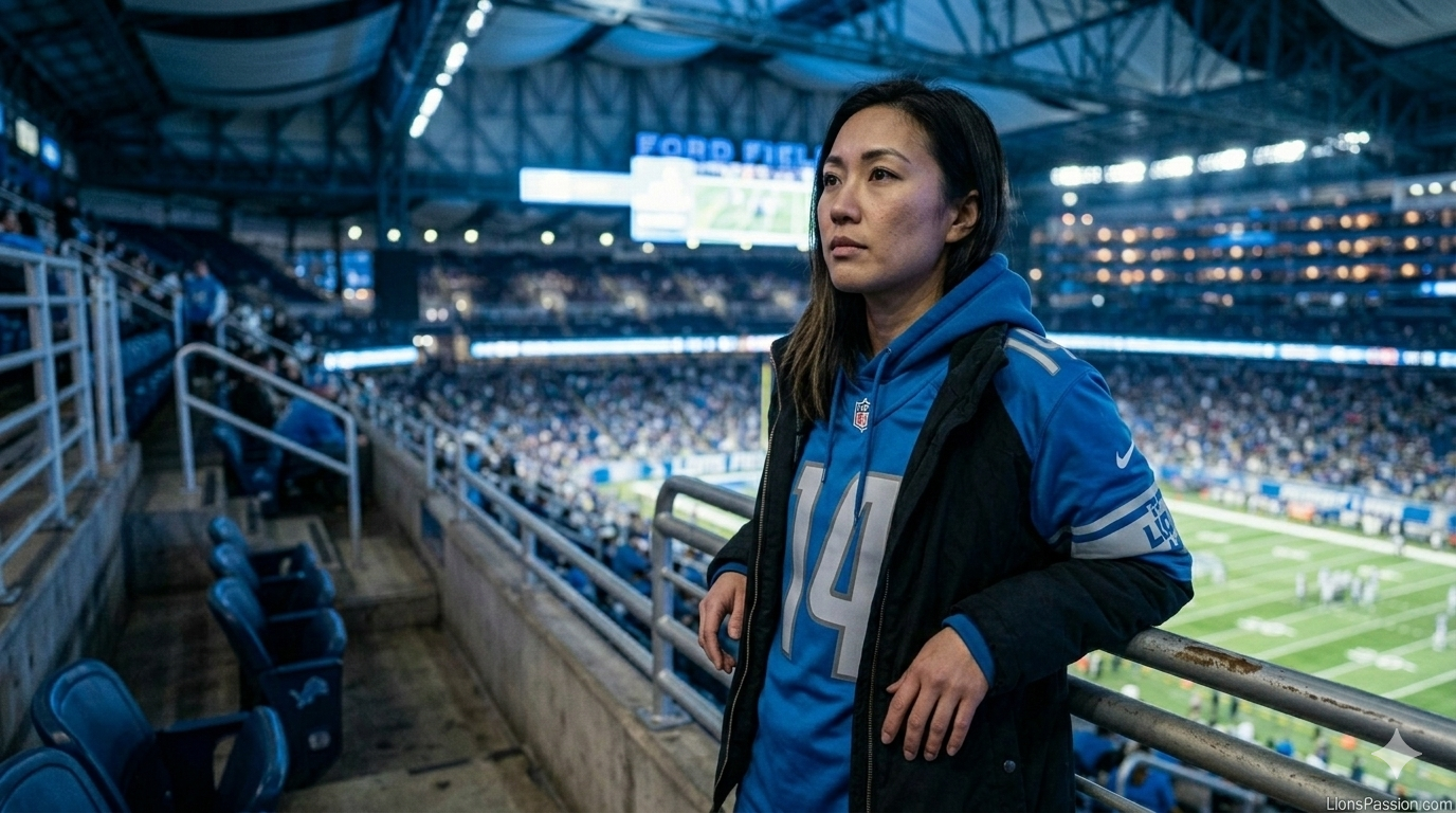 Detroit Lions fan watching stadium lights during offseason as team builds roster through strategic free agency