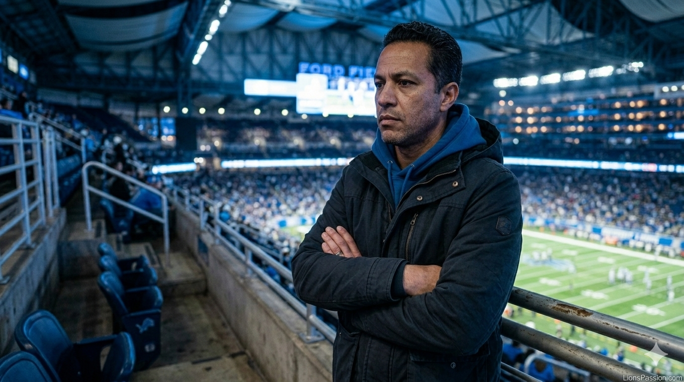Detroit Lions fan standing in stadium at night looking serious after major offseason roster move