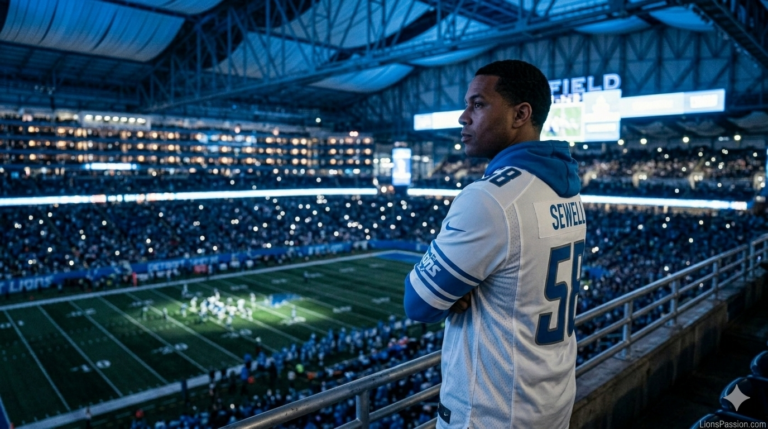 Detroit Lions fan standing in upper deck at night thinking about Lions offensive line and free agency moves
