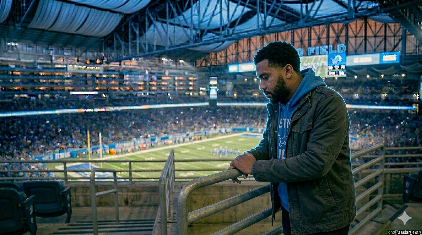Detroit Lions fan reflecting on the team’s offseason strategy in upper deck seating at night.