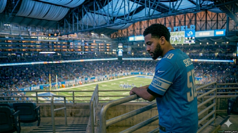 Detroit Lions fan in stadium seating observing the field while reflecting on the team’s roster building philosophy