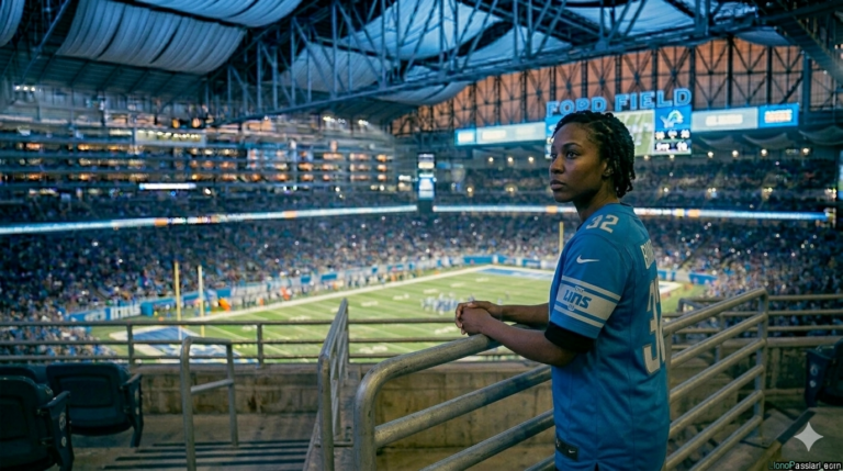Detroit Lions fan standing in Ford Field seating at night reflecting on the team’s patient free agency strategy