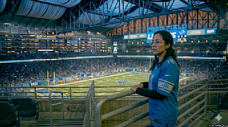 Detroit Lions fan analyzing draft strategy under stadium lights