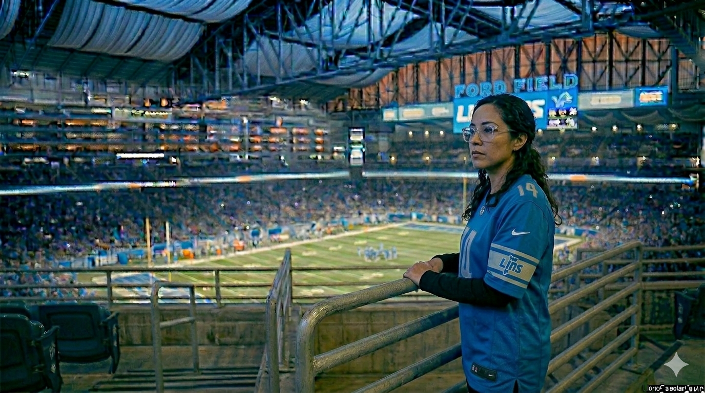 Detroit Lions fan analyzing draft strategy under stadium lights