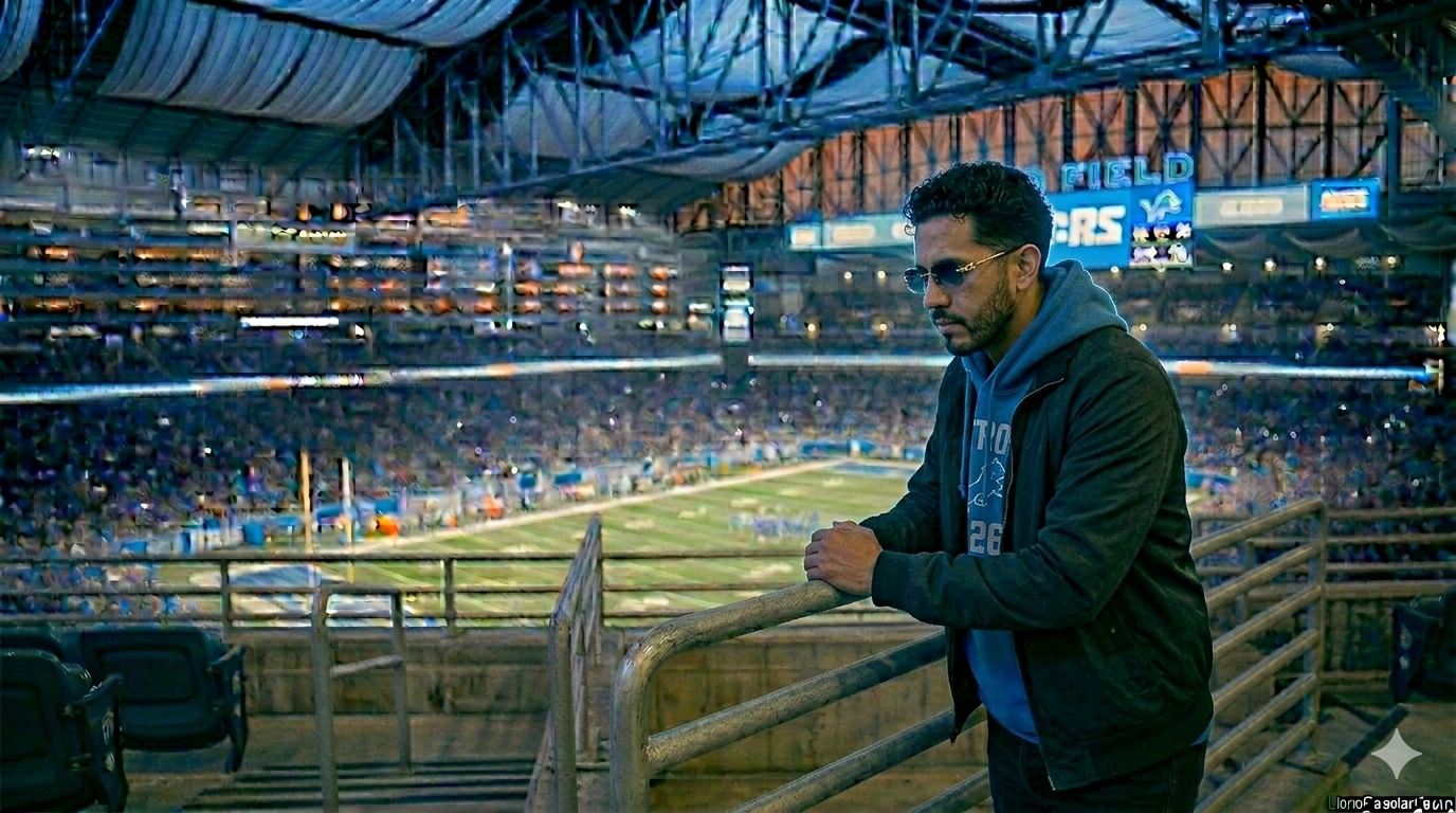 Detroit Lions fan analyzing draft strategy from stadium seating at night