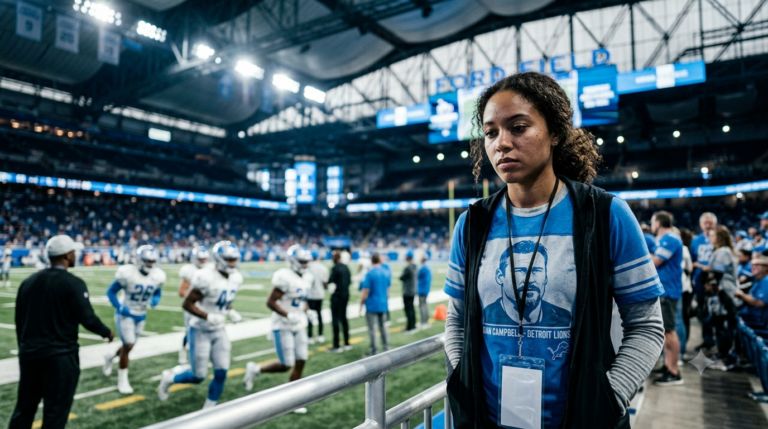 Detroit Lions fans wearing Dan Campbell and Detroit Lions jerseys watch training camp as young players compete for larger roles in 2026.