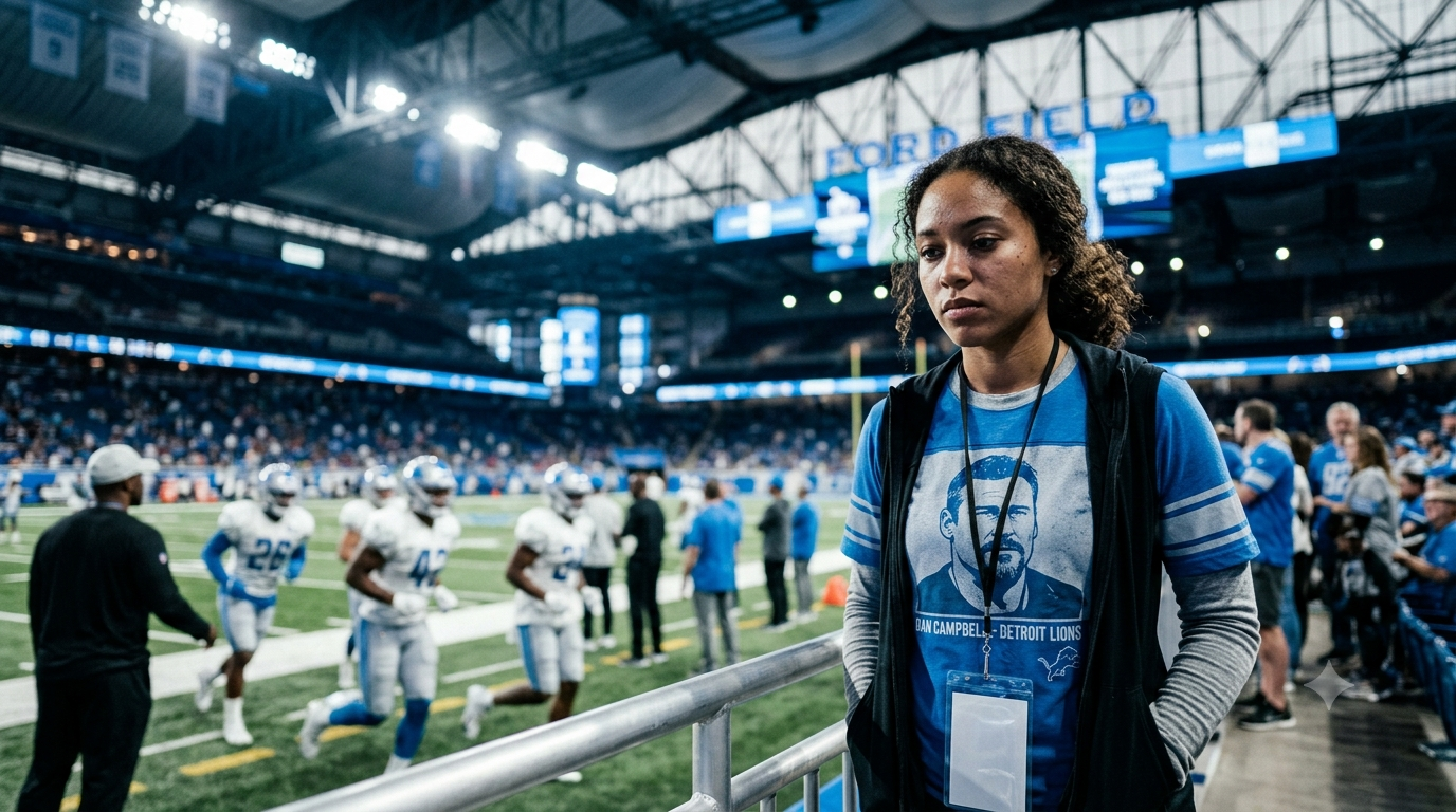 Detroit Lions fans wearing Dan Campbell and Detroit Lions jerseys watch training camp as young players compete for larger roles in 2026.