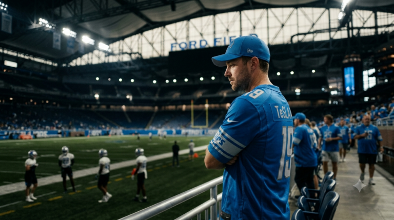 Detroit Lions fan wearing an Isaac TeSlaa jersey watches young players practice at Ford Field ahead of the 2026 season.