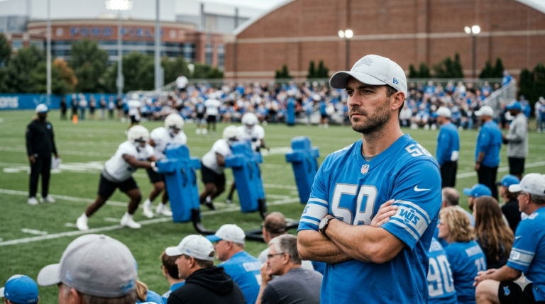 Detroit Lions fans wearing Penei Sewell jerseys watch training camp as the offensive line battle heats up ahead of the 2026 season.