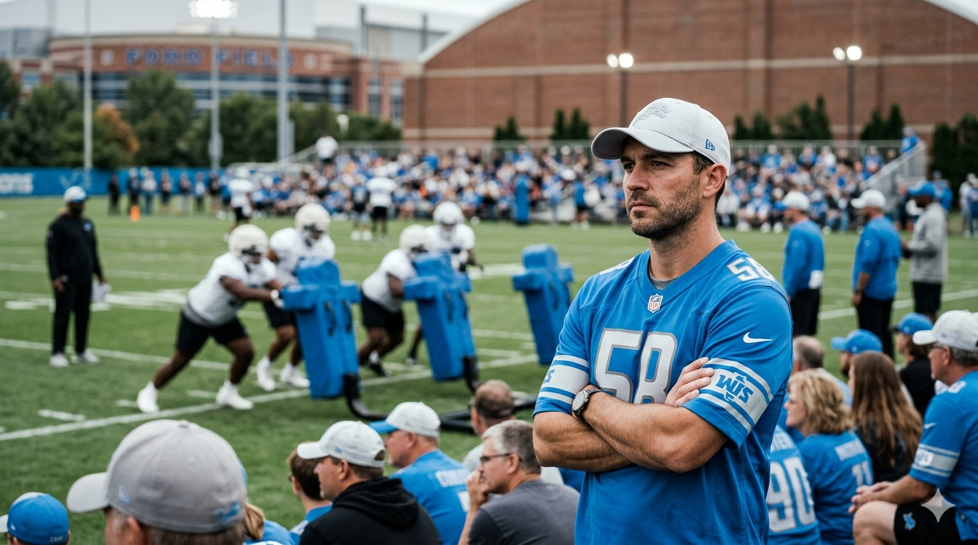 Detroit Lions fans wearing Penei Sewell jerseys watch training camp as the offensive line battle heats up ahead of the 2026 season.