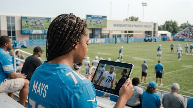 Detroit Lions offensive linemen work during 2026 training camp after center Cade Mays suffered a wrist injury.