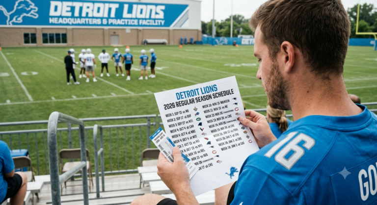 Detroit Lions players gather during 2026 training camp as Dan Campbell prepares the team for the regular season.