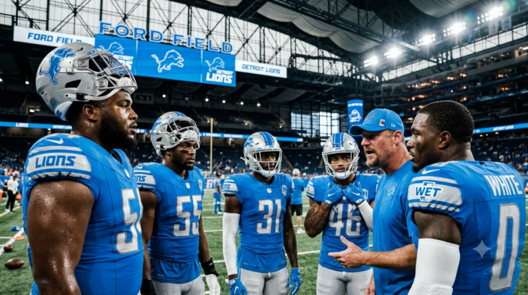 Detroit Lions defenders celebrate during training camp as the defense grows healthier and deeper entering the 2026 season.
