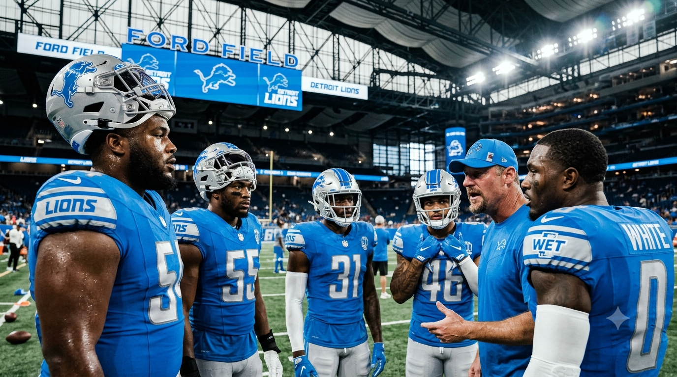 Detroit Lions defenders celebrate during training camp as the defense grows healthier and deeper entering the 2026 season.
