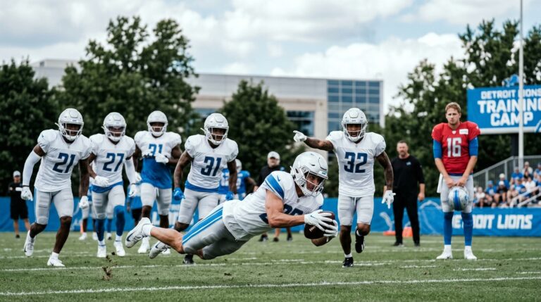 Detroit Lions defenders celebrate an interception during 2026 training camp as the defense emphasizes turnovers and disruptive plays.