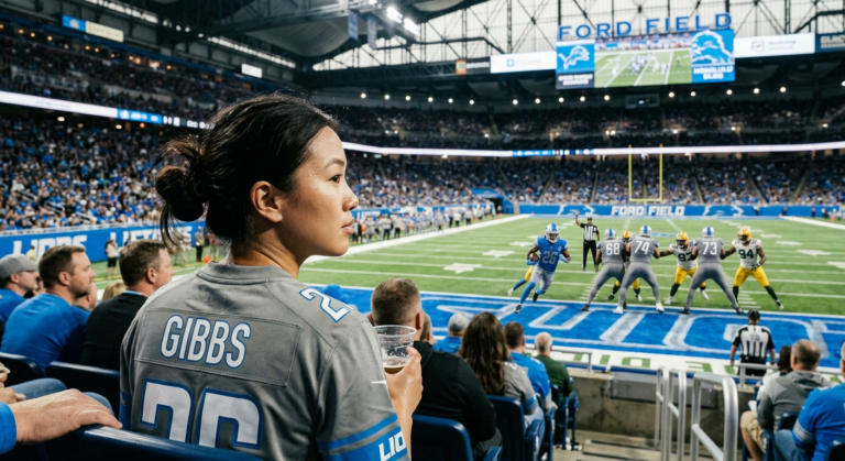 Jahmyr Gibbs stands on the Detroit Lions practice field during training camp while contract discussions continue.