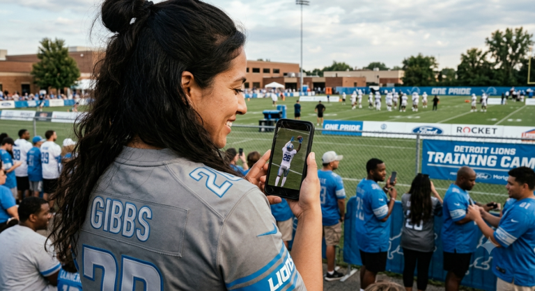 Jahmyr Gibbs walks across the Detroit Lions practice field during training camp while contract discussions continue