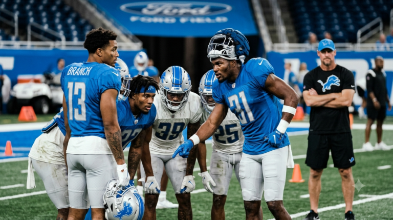 Detroit Lions safety Kerby Joseph talks with teammates during training camp.
