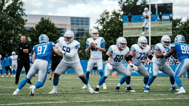 Penei Sewell anchors the Detroit Lions offensive line during 2026 training camp in Allen Park.