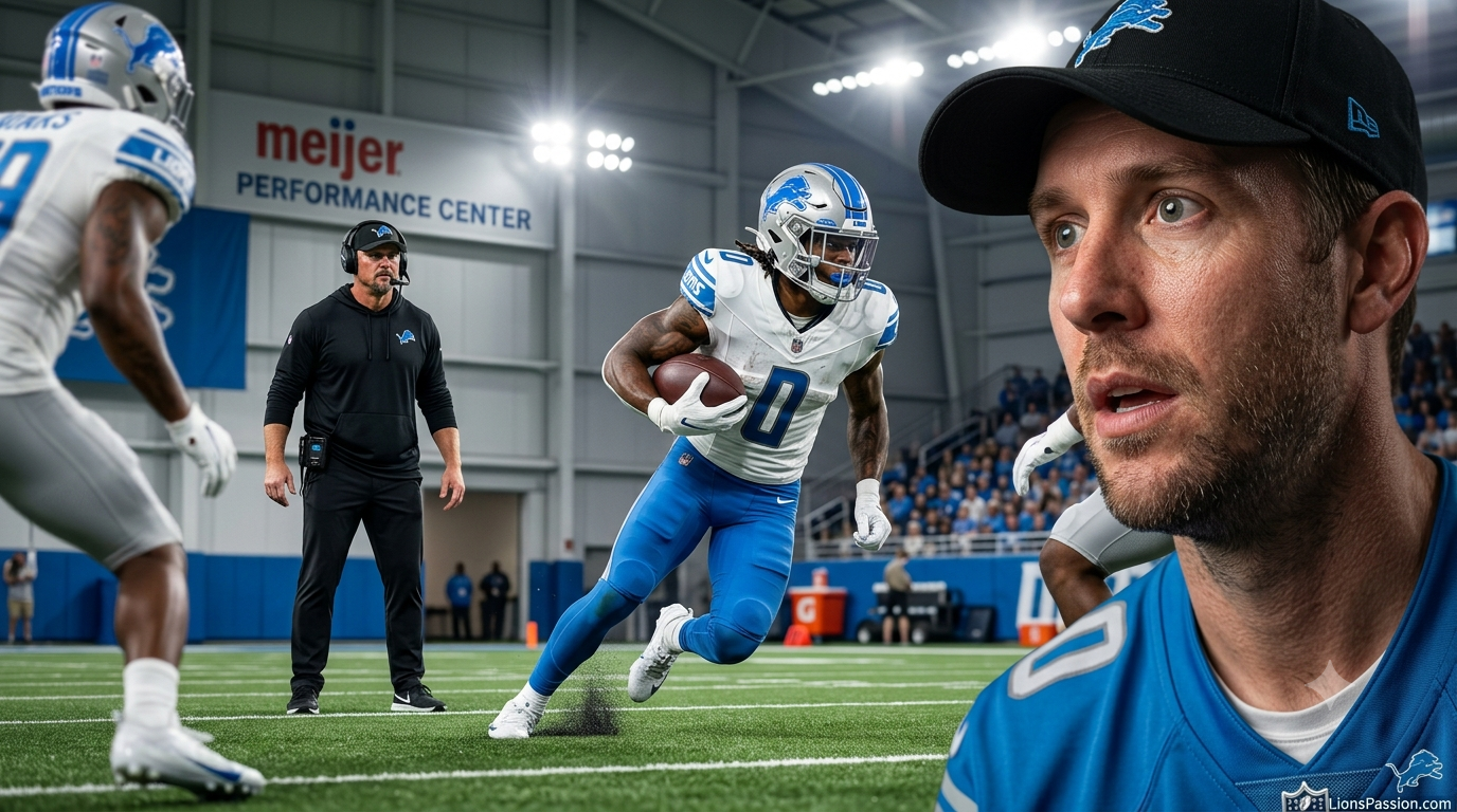 Jahmyr Gibbs during Detroit Lions training camp as Dan Campbell watches practice.